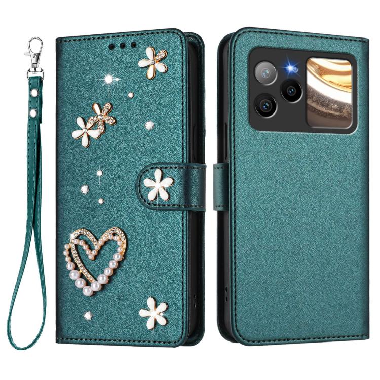 For BLU Bold N4 ZS01 Double-Layer Heart Floral Vegan Leather Phone Case with Wrist Strap