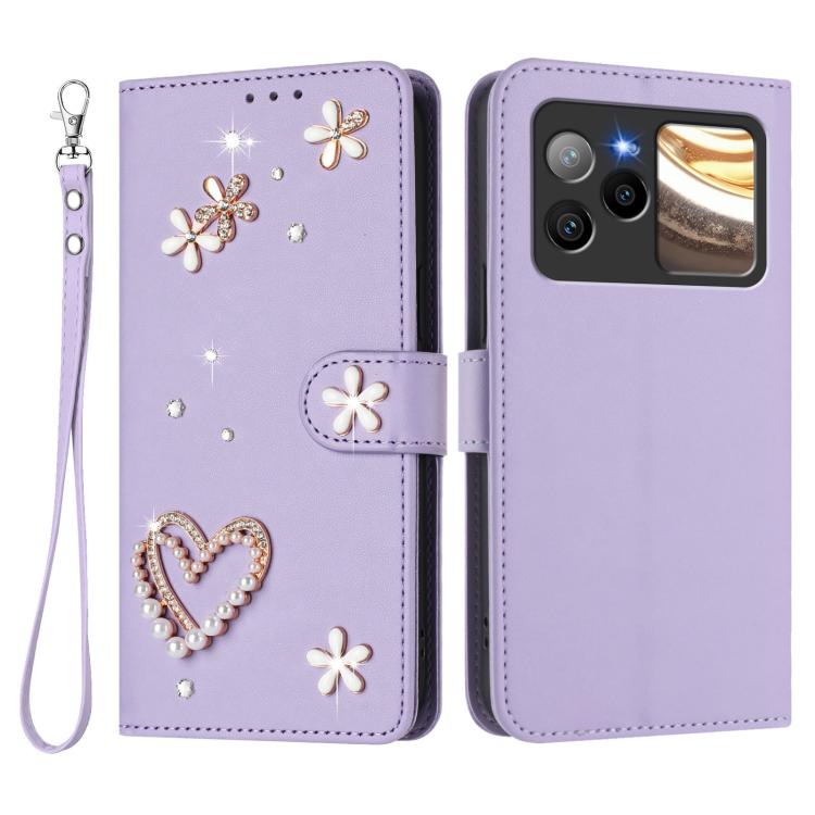 For BLU Bold N4 ZS01 Double-Layer Heart Floral Vegan Leather Phone Case with Wrist Strap