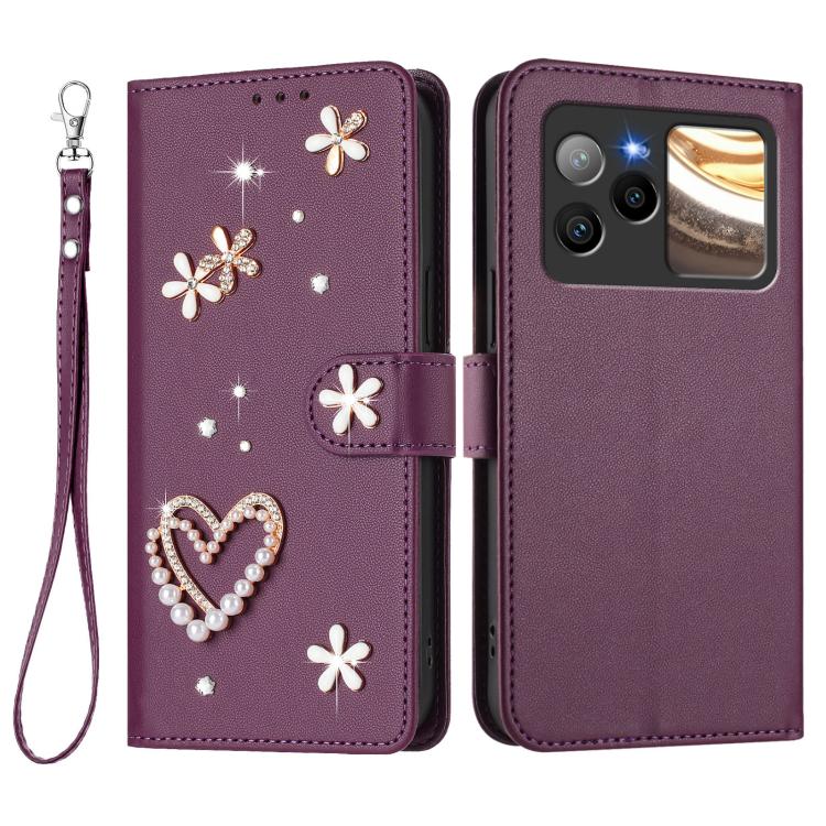 For BLU Bold N4 ZS01 Double-Layer Heart Floral Vegan Leather Phone Case with Wrist Strap