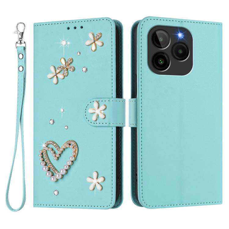 For BLU Bold K10 ZS01 Double-Layer Heart Floral Vegan Leather Phone Case with Wrist Strap