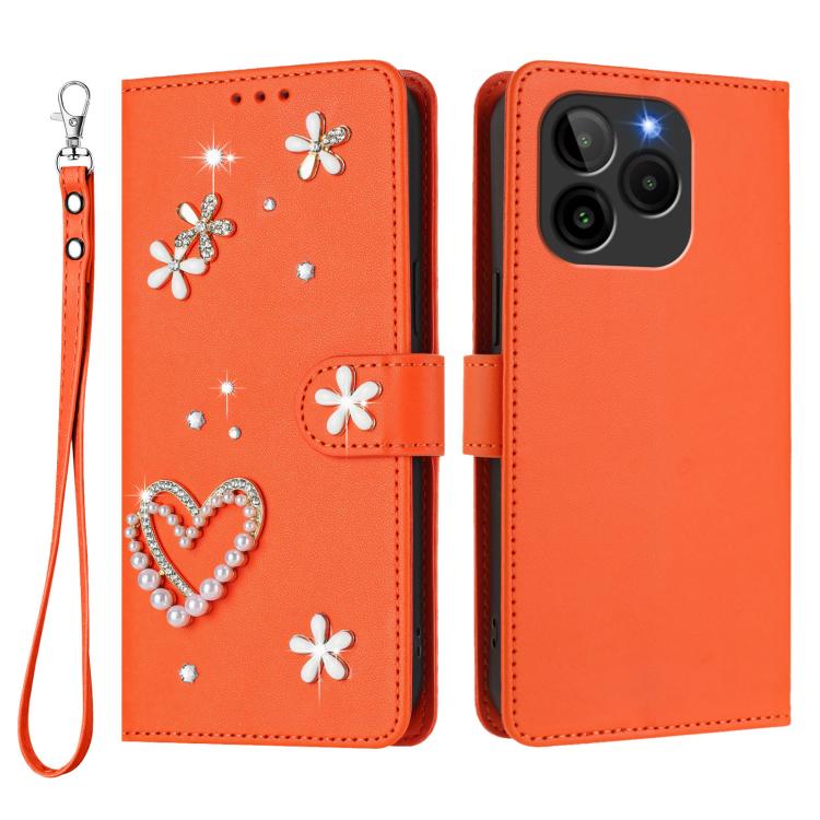 For BLU Bold K10 ZS01 Double-Layer Heart Floral Vegan Leather Phone Case with Wrist Strap