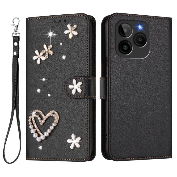 For BLU Bold K10 ZS01 Double-Layer Heart Floral Vegan Leather Phone Case with Wrist Strap