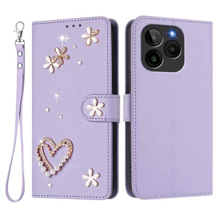 For BLU Bold K10 ZS01 Double-Layer Heart Floral Vegan Leather Phone Case with Wrist Strap