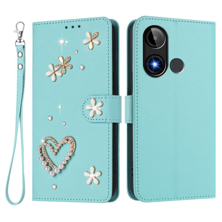 For BLU C9 ZS01 Double-Layer Heart Floral Vegan Leather Phone Case with Wrist Strap