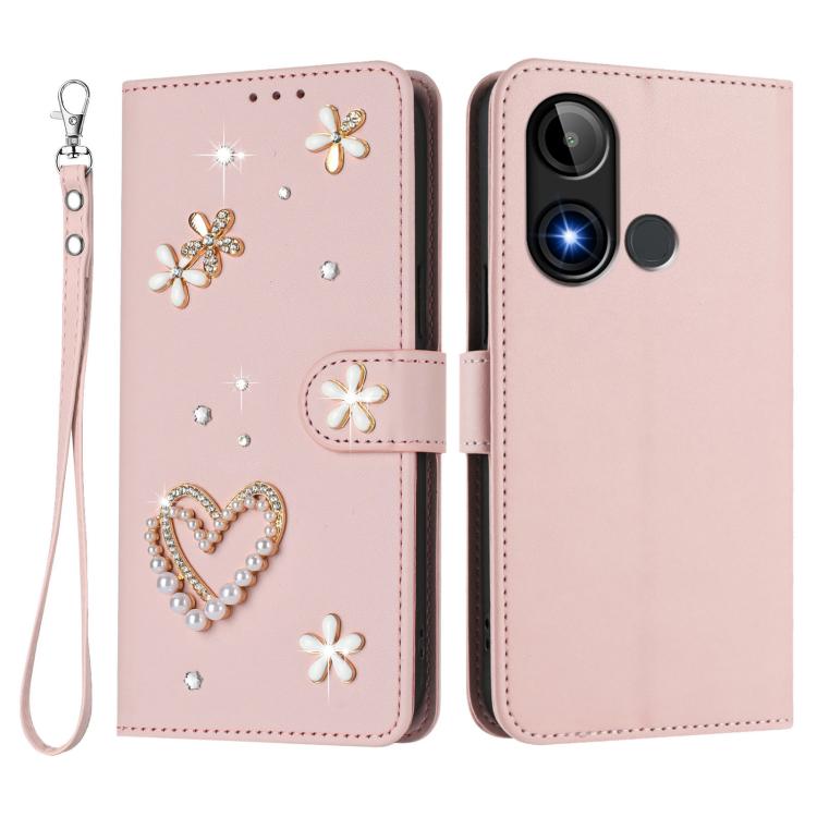 For BLU C9 ZS01 Double-Layer Heart Floral Vegan Leather Phone Case with Wrist Strap