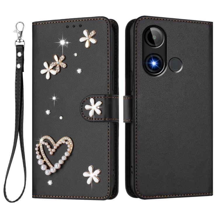 For BLU C9 ZS01 Double-Layer Heart Floral Vegan Leather Phone Case with Wrist Strap