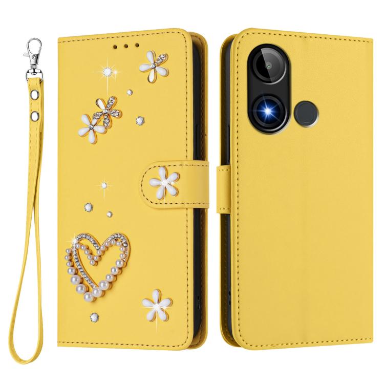 For BLU C9 ZS01 Double-Layer Heart Floral Vegan Leather Phone Case with Wrist Strap