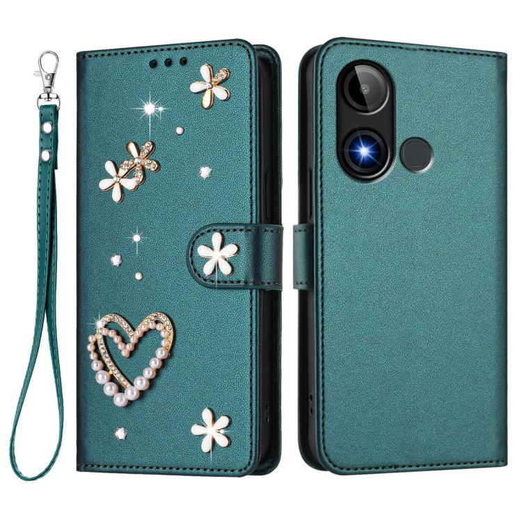 For BLU C9 ZS01 Double-Layer Heart Floral Vegan Leather Phone Case with Wrist Strap