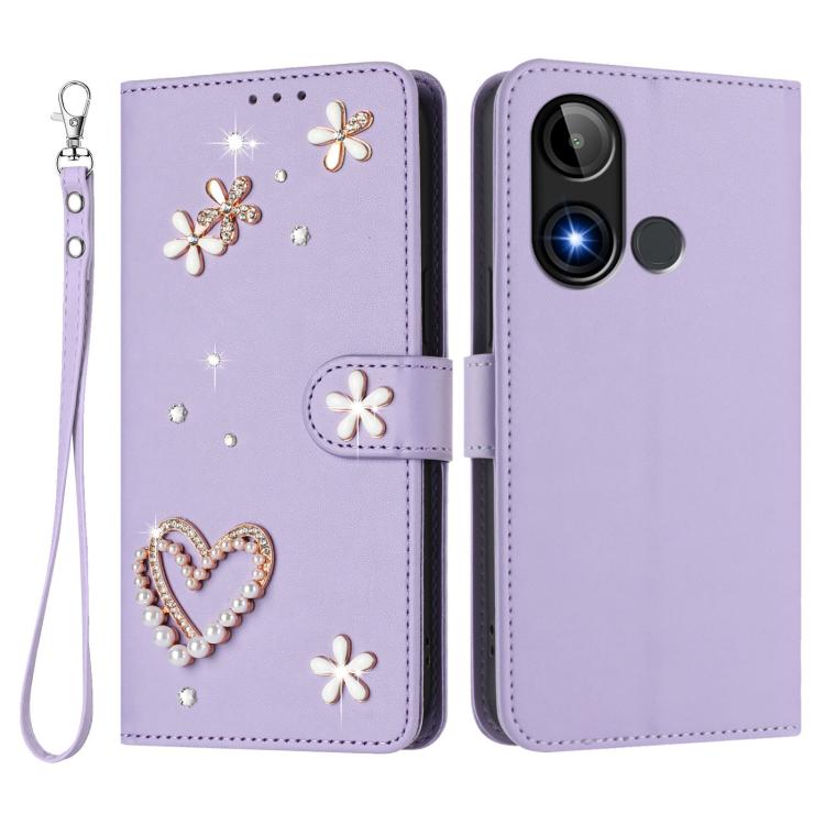 For BLU C9 ZS01 Double-Layer Heart Floral Vegan Leather Phone Case with Wrist Strap
