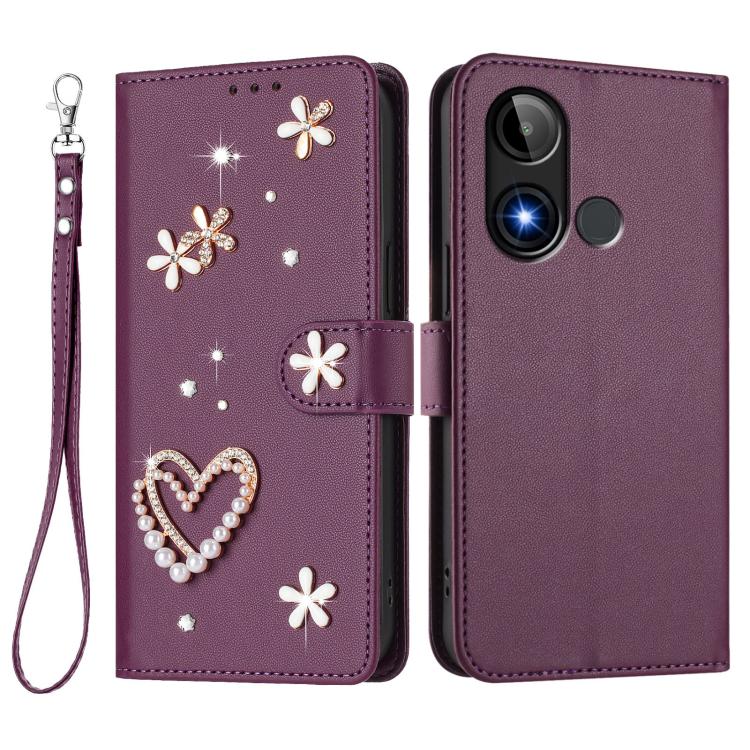 For BLU C9 ZS01 Double-Layer Heart Floral Vegan Leather Phone Case with Wrist Strap