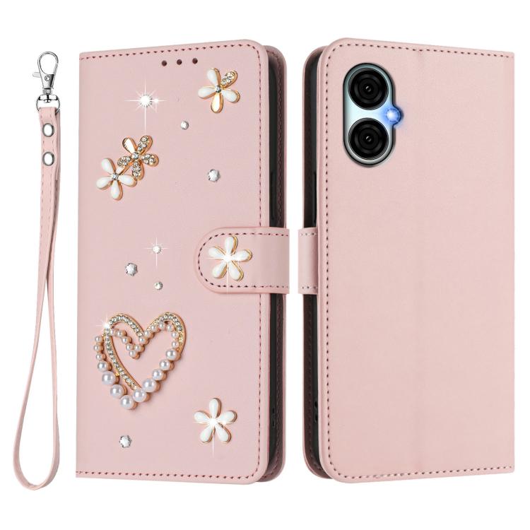 For BLU G53 ZS01 Double-Layer Heart Floral Vegan Leather Phone Case with Wrist Strap