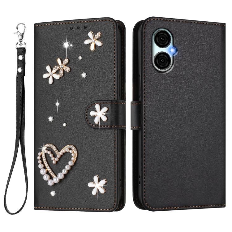 For BLU G53 ZS01 Double-Layer Heart Floral Vegan Leather Phone Case with Wrist Strap