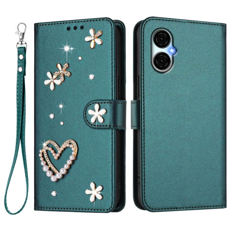 For BLU G53 ZS01 Double-Layer Heart Floral Vegan Leather Phone Case with Wrist Strap
