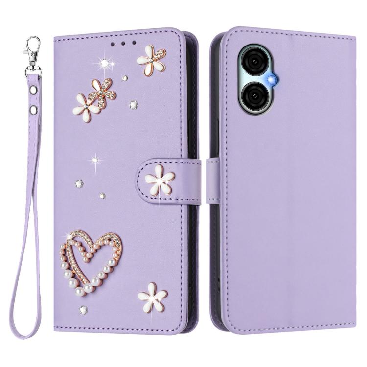 For BLU G53 ZS01 Double-Layer Heart Floral Vegan Leather Phone Case with Wrist Strap