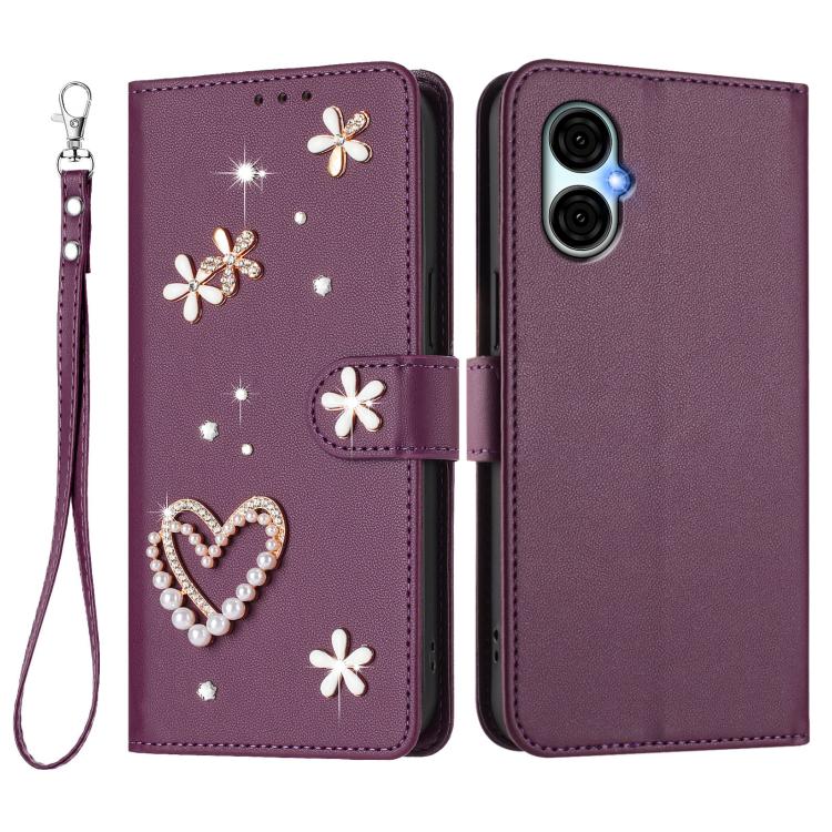 For BLU G53 ZS01 Double-Layer Heart Floral Vegan Leather Phone Case with Wrist Strap