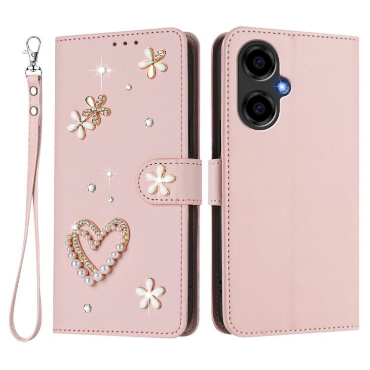 For BLU G64 ZS01 Double-Layer Heart Floral Vegan Leather Phone Case with Wrist Strap