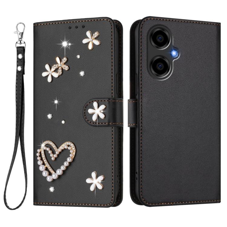 For BLU G64 ZS01 Double-Layer Heart Floral Vegan Leather Phone Case with Wrist Strap