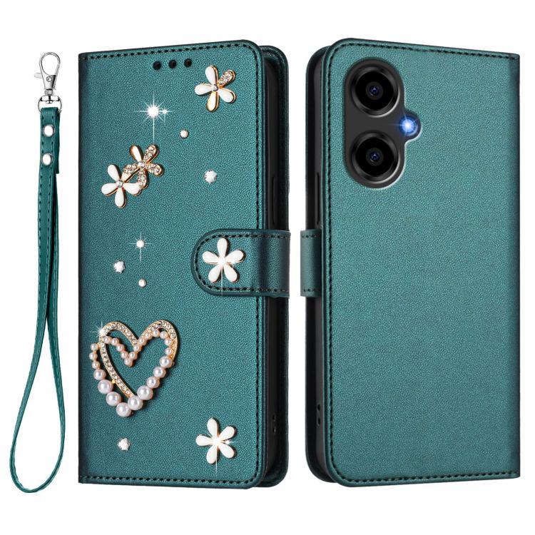 For BLU G64 ZS01 Double-Layer Heart Floral Vegan Leather Phone Case with Wrist Strap