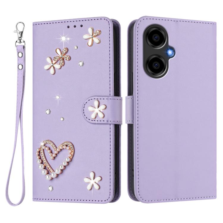 For BLU G64 ZS01 Double-Layer Heart Floral Vegan Leather Phone Case with Wrist Strap
