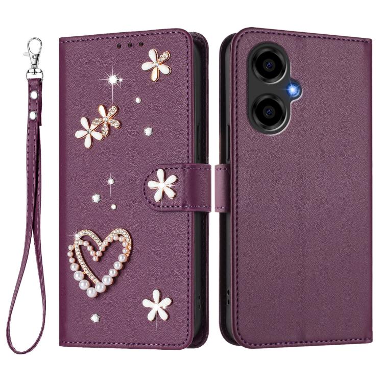 For BLU G64 ZS01 Double-Layer Heart Floral Vegan Leather Phone Case with Wrist Strap