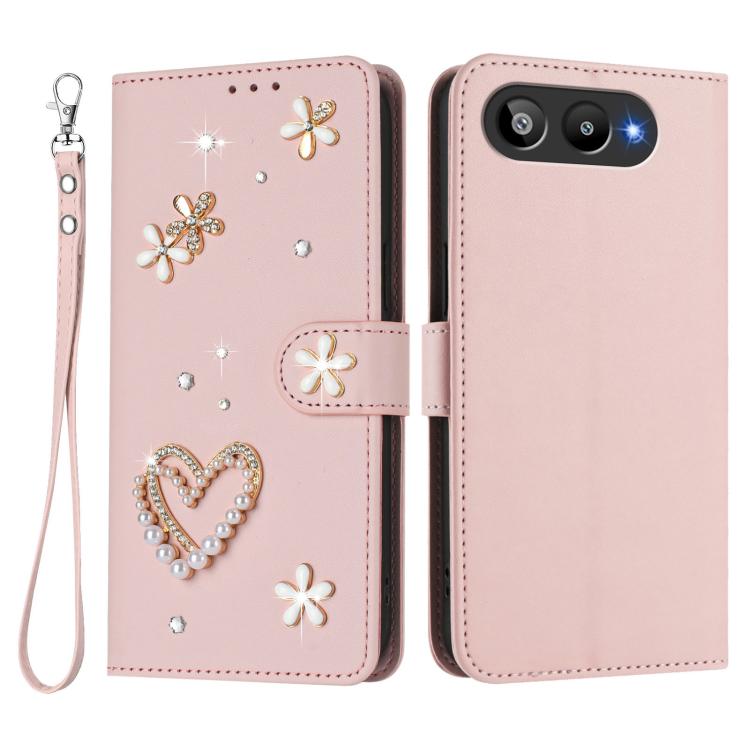 For BLU G95 ZS01 Double-Layer Heart Floral Vegan Leather Phone Case with Wrist Strap
