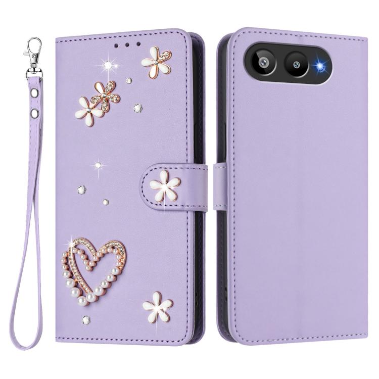 For BLU G95 ZS01 Double-Layer Heart Floral Vegan Leather Phone Case with Wrist Strap