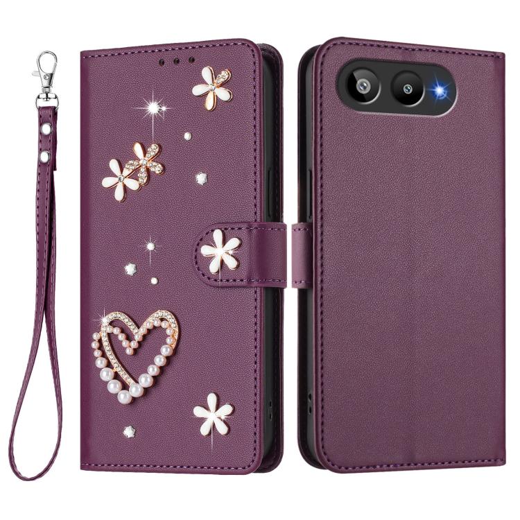 For BLU G95 ZS01 Double-Layer Heart Floral Vegan Leather Phone Case with Wrist Strap