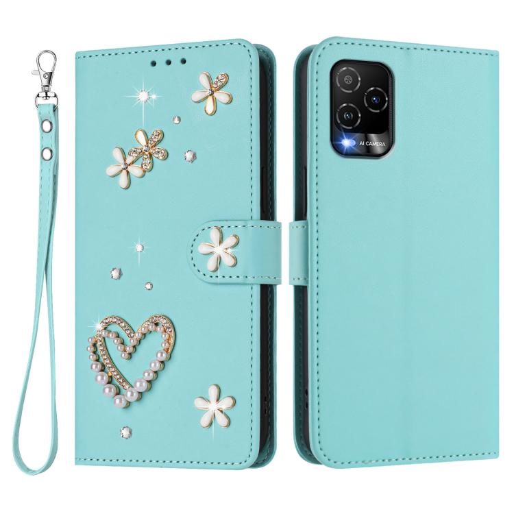 For BLU View 5 Pro ZS01 Double-Layer Heart Floral Vegan Leather Phone Case with Wrist Strap
