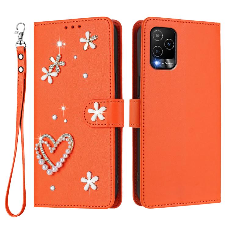 For BLU View 5 Pro ZS01 Double-Layer Heart Floral Vegan Leather Phone Case with Wrist Strap