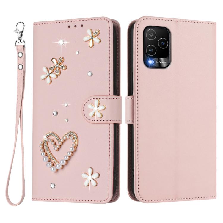 For BLU View 5 Pro ZS01 Double-Layer Heart Floral Vegan Leather Phone Case with Wrist Strap