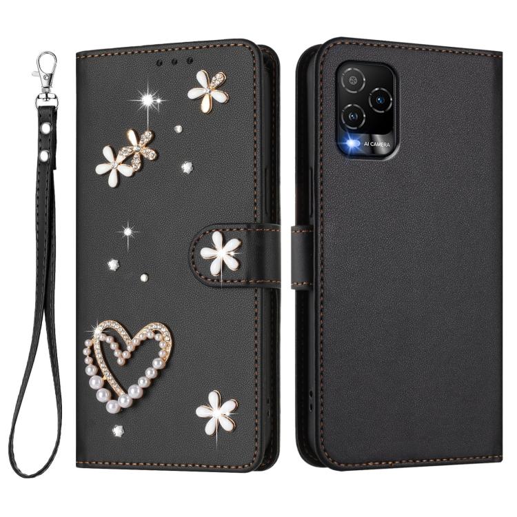 For BLU View 5 Pro ZS01 Double-Layer Heart Floral Vegan Leather Phone Case with Wrist Strap