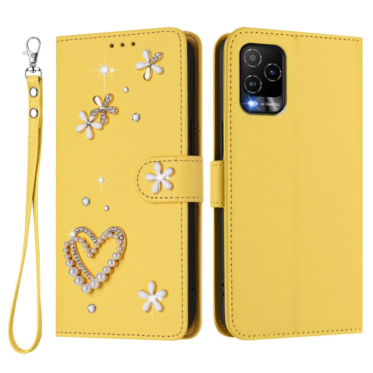 For BLU View 5 Pro ZS01 Double-Layer Heart Floral Vegan Leather Phone Case with Wrist Strap