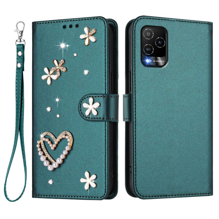 For BLU View 5 Pro ZS01 Double-Layer Heart Floral Vegan Leather Phone Case with Wrist Strap