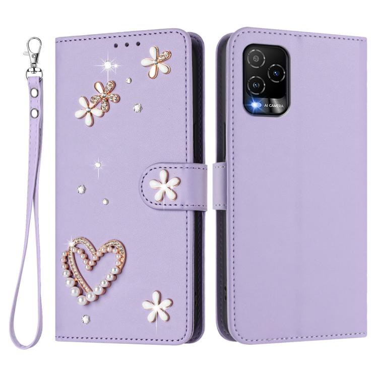 For BLU View 5 Pro ZS01 Double-Layer Heart Floral Vegan Leather Phone Case with Wrist Strap