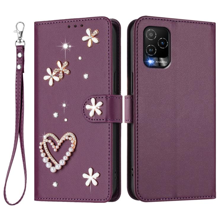 For BLU View 5 Pro ZS01 Double-Layer Heart Floral Vegan Leather Phone Case with Wrist Strap