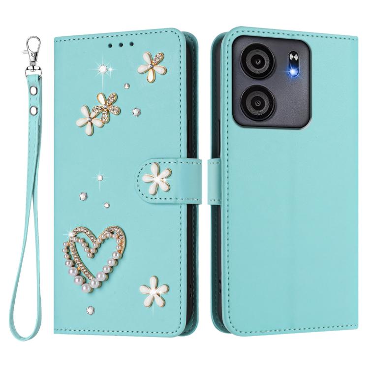 For BLU View 5 ZS01 Double-Layer Heart Floral Vegan Leather Phone Case with Wrist Strap