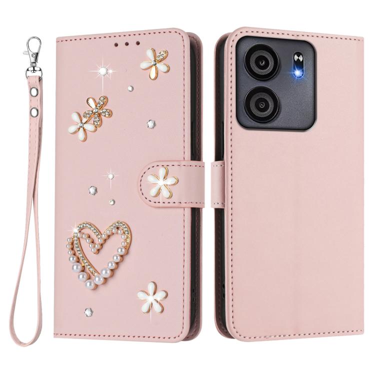 For BLU View 5 ZS01 Double-Layer Heart Floral Vegan Leather Phone Case with Wrist Strap
