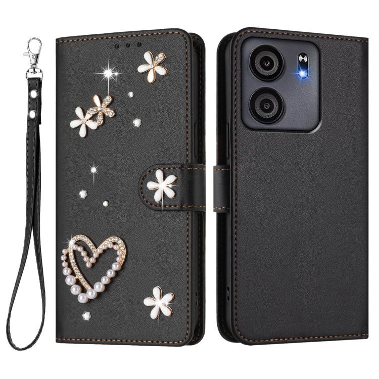 For BLU View 5 ZS01 Double-Layer Heart Floral Vegan Leather Phone Case with Wrist Strap