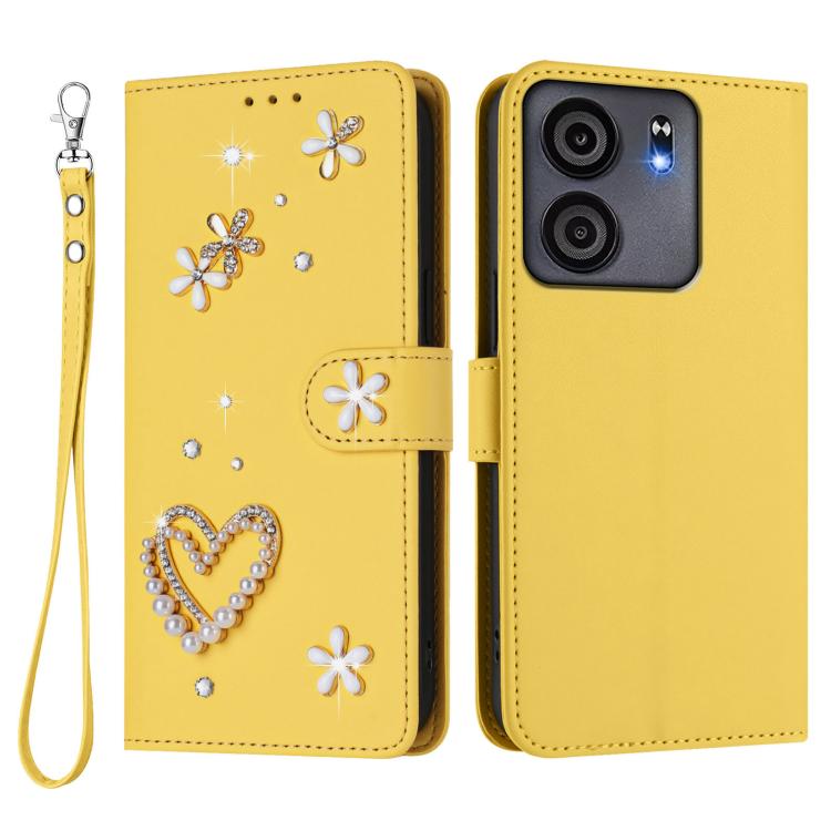 For BLU View 5 ZS01 Double-Layer Heart Floral Vegan Leather Phone Case with Wrist Strap