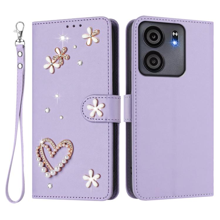 For BLU View 5 ZS01 Double-Layer Heart Floral Vegan Leather Phone Case with Wrist Strap