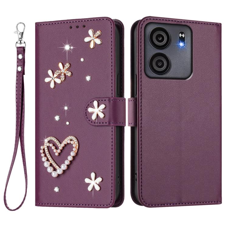 For BLU View 5 ZS01 Double-Layer Heart Floral Vegan Leather Phone Case with Wrist Strap