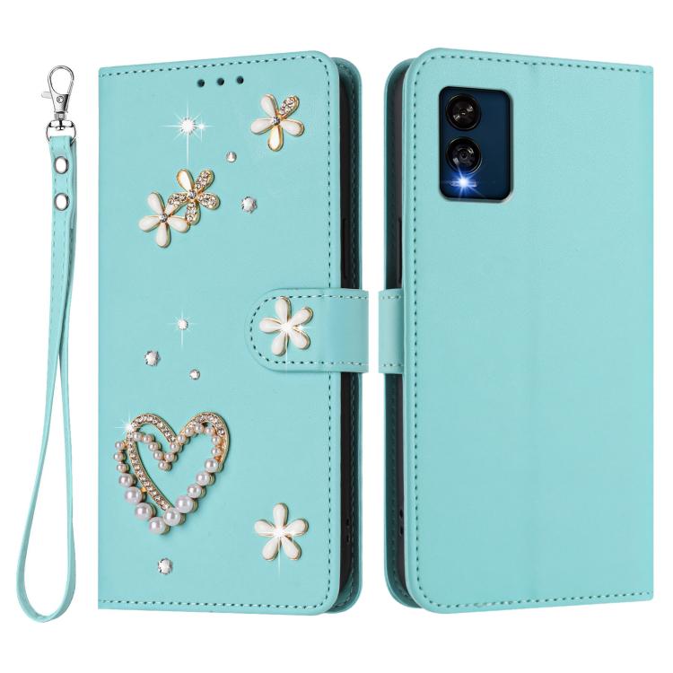 For BLU View Speed 5G B1550VL ZS01 Double-Layer Heart Floral Vegan Leather Phone Case with Wrist Strap
