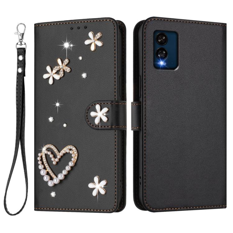 For BLU View Speed 5G B1550VL ZS01 Double-Layer Heart Floral Vegan Leather Phone Case with Wrist Strap