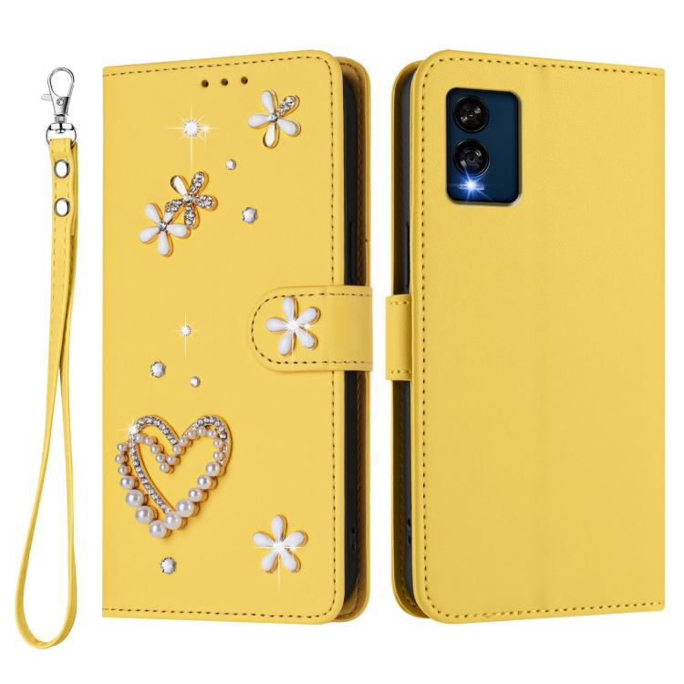 For BLU View Speed 5G B1550VL ZS01 Double-Layer Heart Floral Vegan Leather Phone Case with Wrist Strap