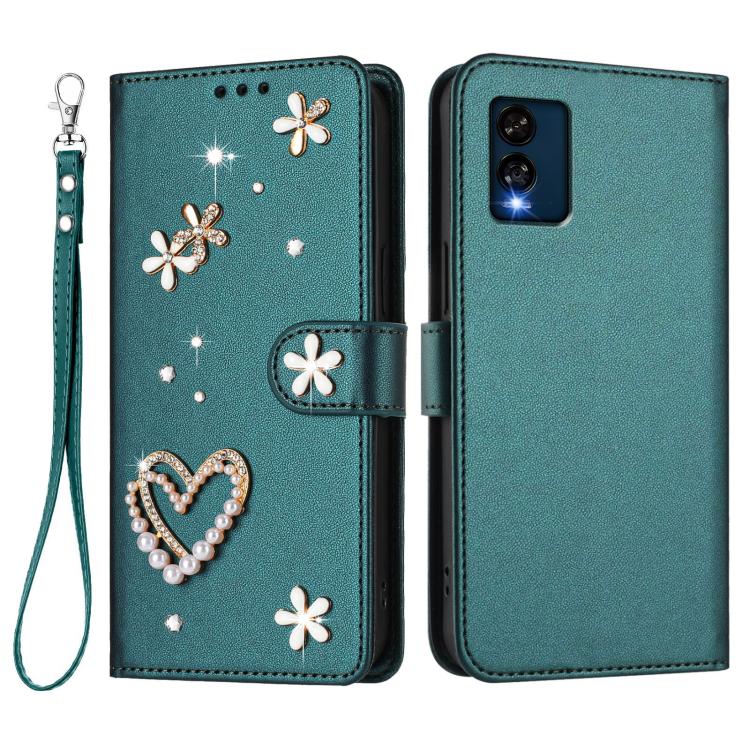 For BLU View Speed 5G B1550VL ZS01 Double-Layer Heart Floral Vegan Leather Phone Case with Wrist Strap
