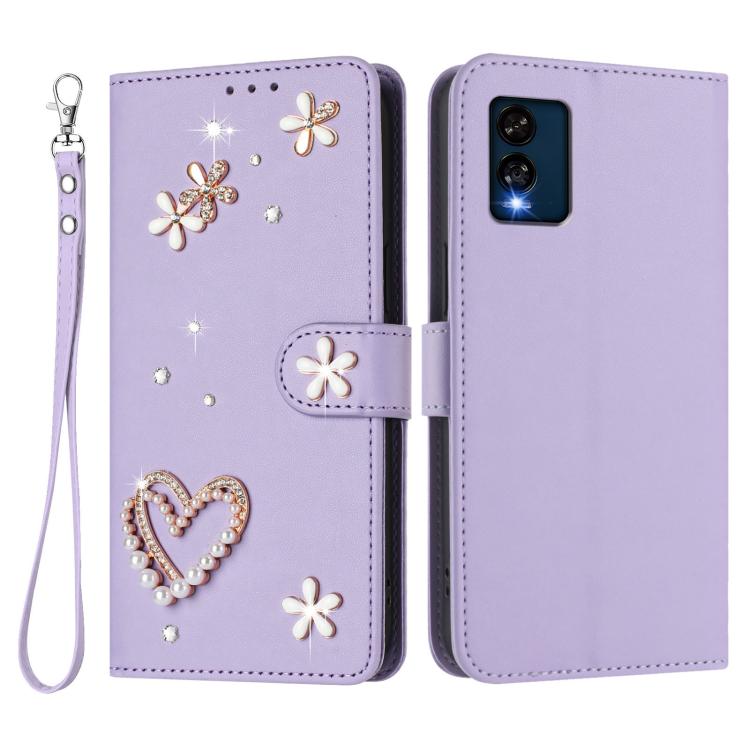 For BLU View Speed 5G B1550VL ZS01 Double-Layer Heart Floral Vegan Leather Phone Case with Wrist Strap
