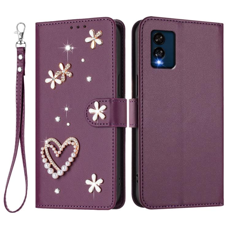 For BLU View Speed 5G B1550VL ZS01 Double-Layer Heart Floral Vegan Leather Phone Case with Wrist Strap