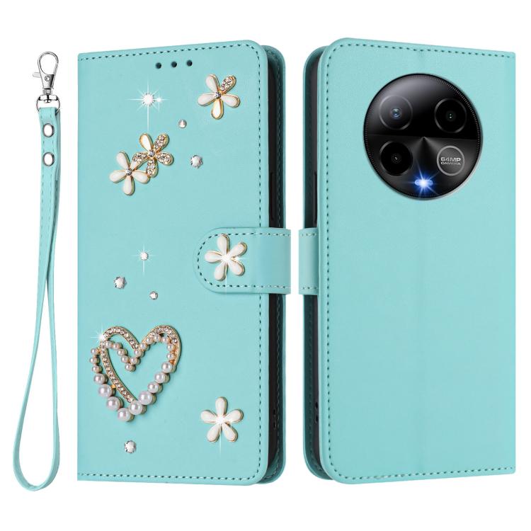 For BLU Bold K50 ZS01 Double-Layer Heart Floral Vegan Leather Phone Case with Wrist Strap