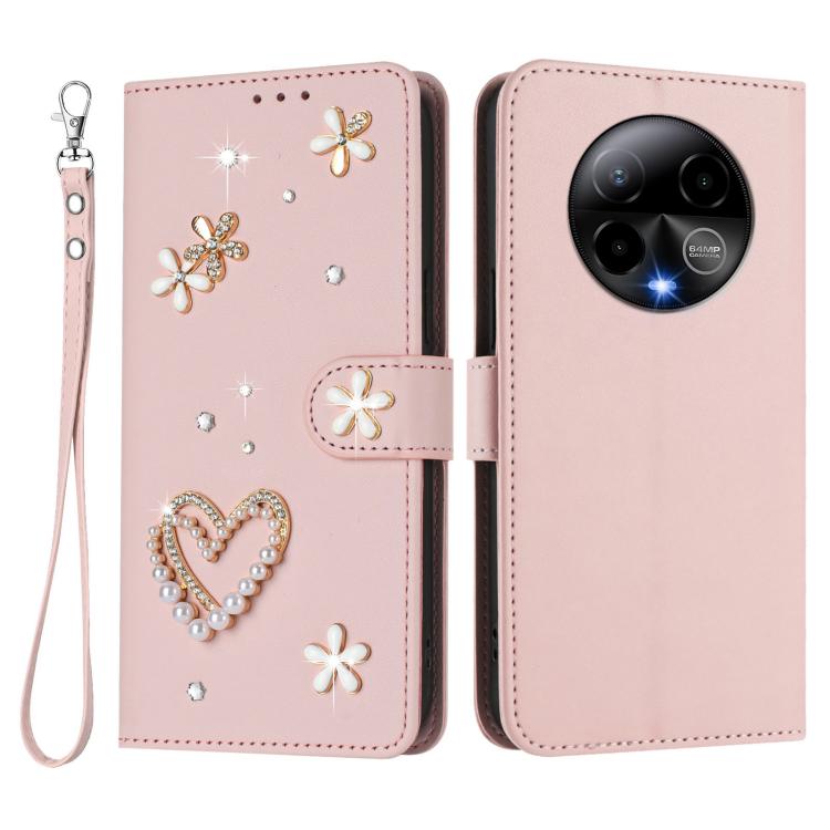 For BLU Bold K50 ZS01 Double-Layer Heart Floral Vegan Leather Phone Case with Wrist Strap