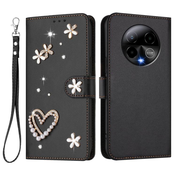 For BLU Bold K50 ZS01 Double-Layer Heart Floral Vegan Leather Phone Case with Wrist Strap